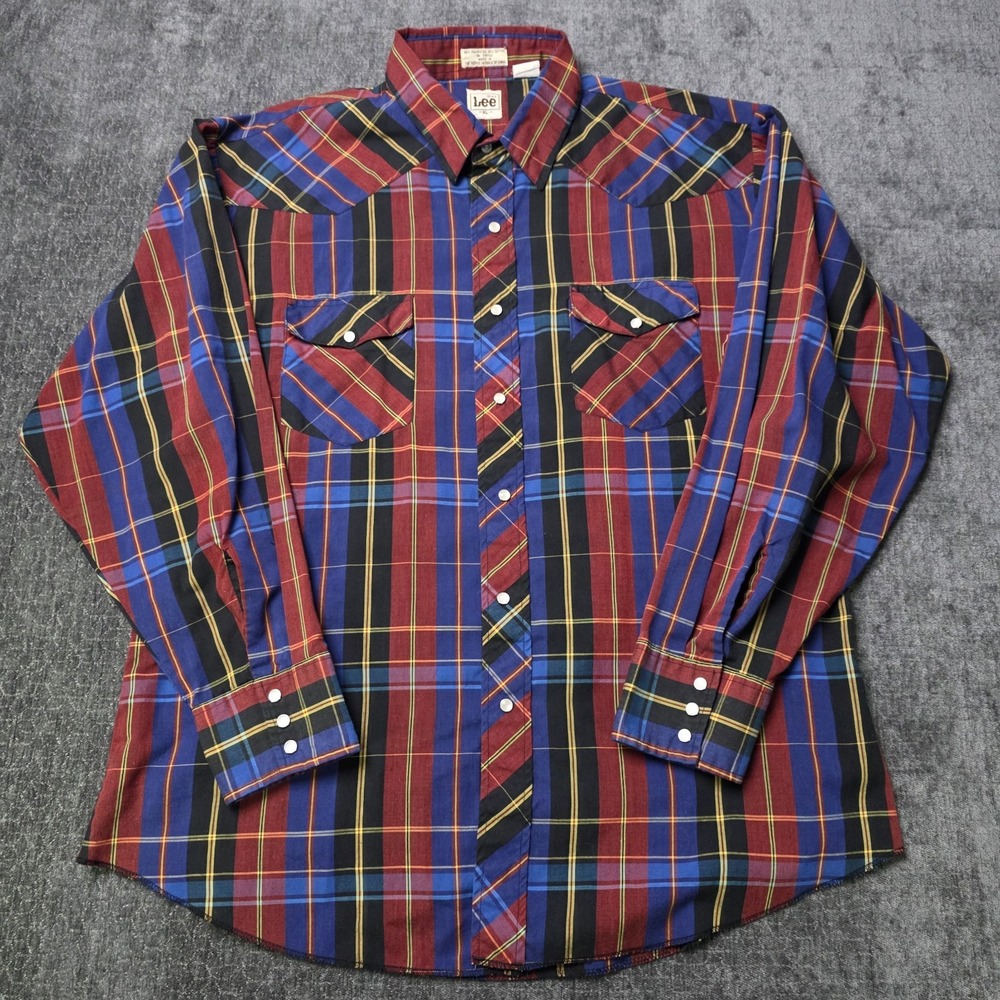 Vtg Lee Western Pearl Snap Shirt Mens XL Red Blue Plaid 90s Hipster Thin Cowboy